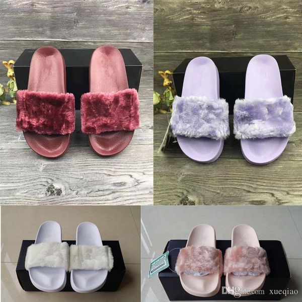 

leadcat fenty rihanna faux fur slippers women girls sandals fashion scuffs black pink red grey blue slides men designer slippers