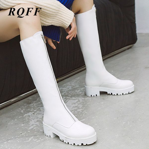 

women knee-high boots black white plus size 12 winter new shoes woman fashion block high heels platform solid pu zip high boots