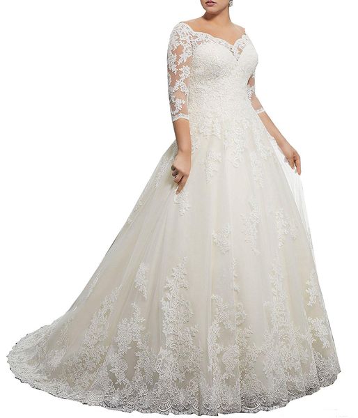 Superbe col en V hiver 3/4 manches longues robes de mariée en dentelle appliques grande taille boule 2019 personnalisé robe de novia formelle robe de mariée arabe