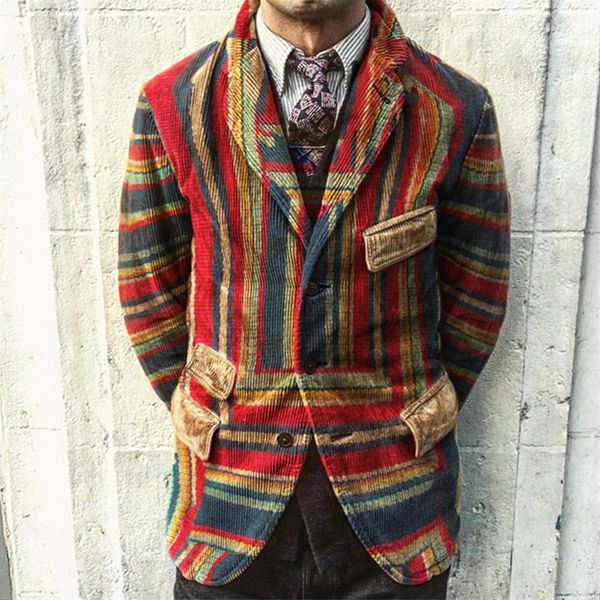 

men's coat winter slim corduroy wram striped print stitching color blazer coat casual fashion jacket outerwear, Black;brown
