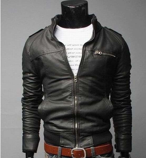 

leather jacket men's locomotive transverse zipper short slim fit leather coat men's wear rinsing machine vehicle cover coat, Black