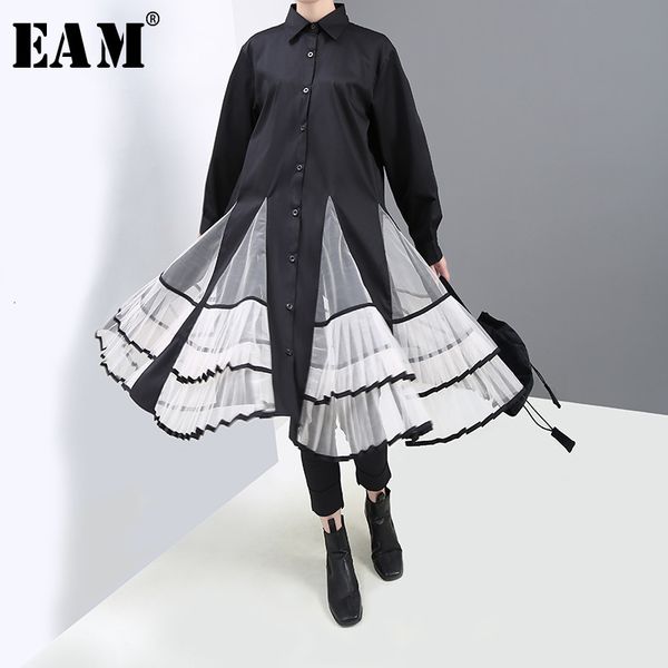 

eam] women black organza pleated temperament dress new round neck long sleeve loose fit fashion tide spring autumn 2020 1h866, Black;gray