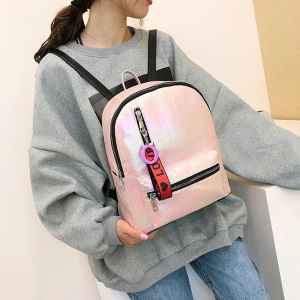 

2020 woman pink leather backpack bling shining shoulderbag for teenager girl mini shopping bag school bags bolsa