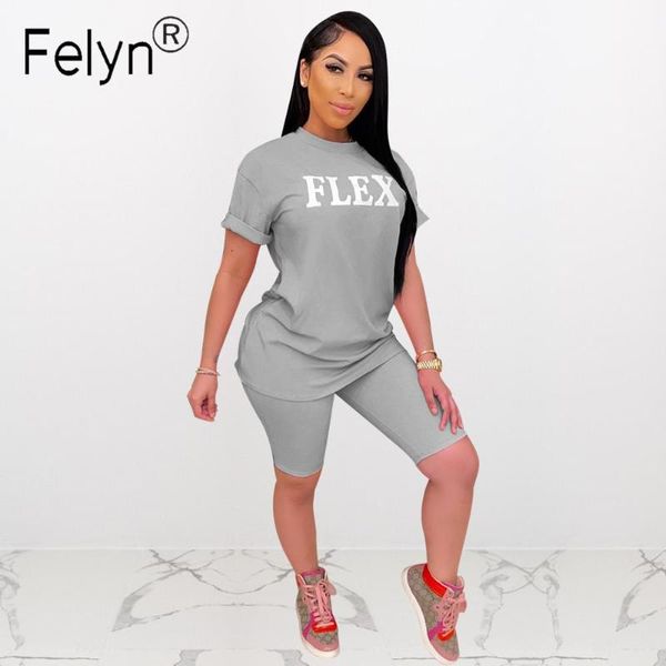 

felyn 2020 fashion design two pieces women set letters o-neck t shirt and shorts summer sports suits, White
