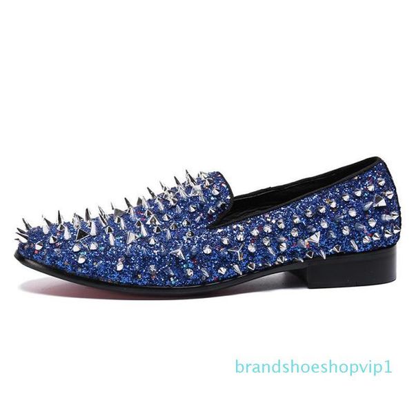 

big size flats round toe slip on man punk loafers genuine leather glitter riveted moccasin men's party rock shoes 12#25/20d50, Black