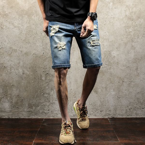 

2017 men's knee length ripped jeans pants summer hole denim shorts male hip hop boys classic style bermuda shorts pant men, Blue