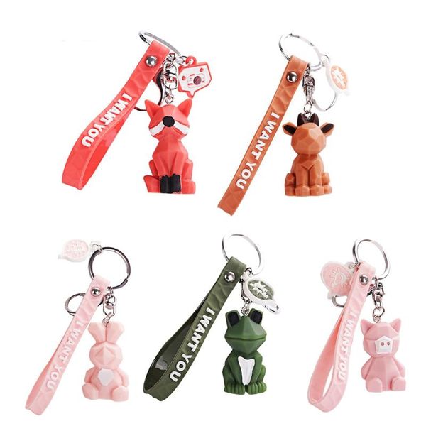 

creative cartoon geometric resin doll keychain pendant geometric family animal couple leather rope pendant, Silver