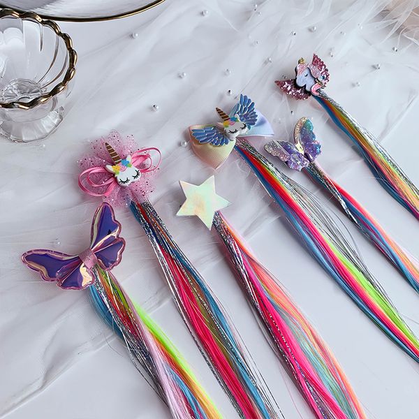 

girls cute colorful wig cartoon unicorn hair clips sweet princess hair ornament headband hairpins kids fashion accessories, Slivery;white