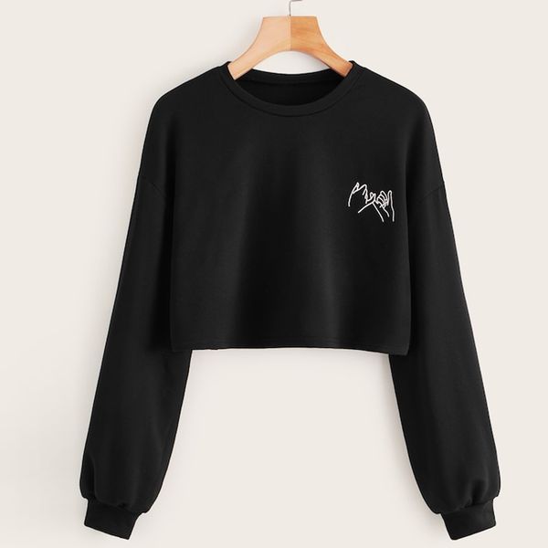 

women print sweatshirt casual o-neck fashion long sleeve pullover harajuku korean sweatshirt short crop blouse, Black