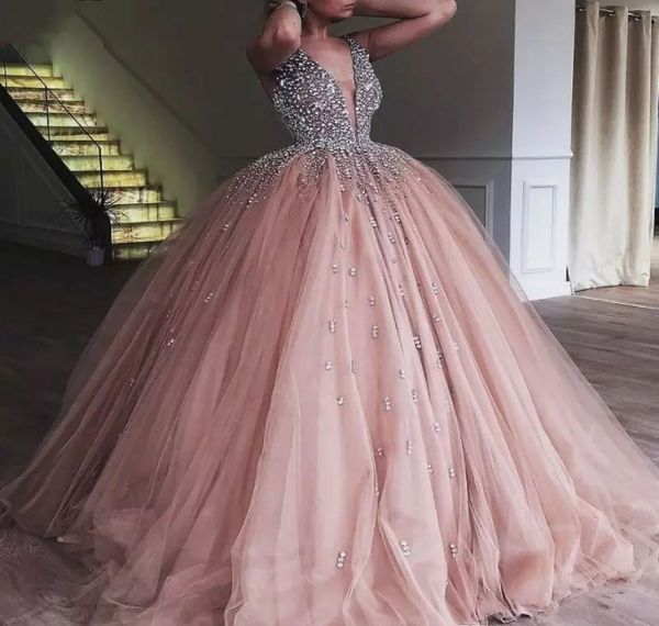 Champagne Pink Quinceanera Dress Princess Tulle Arabo Dubai Sweet Long Girls Prom Party Pageant Gown Plus Size Custom Made