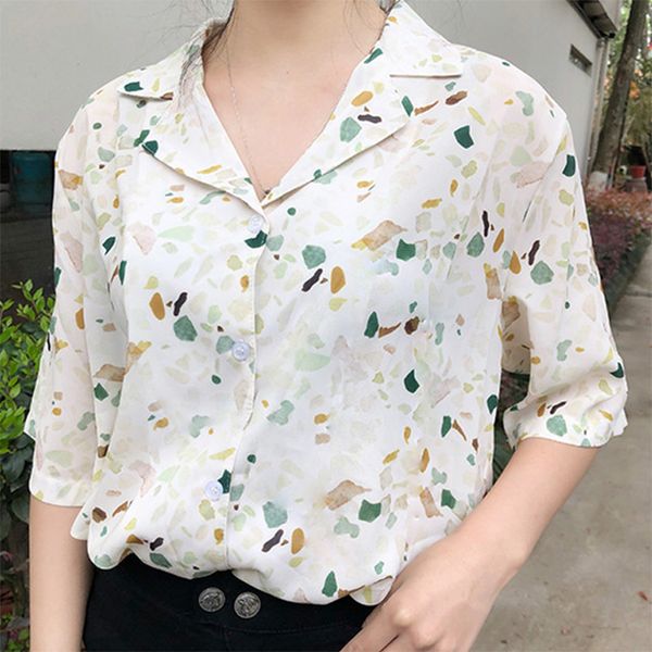 

harajuku floral printed women blouse and korean summer short sleeve v neck casual blouses blusas female lady chiffon shirts, White