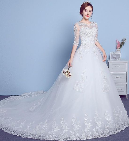 Acheter Robe De Mariée Personnalisable Dans La Manche Encolure Ronde 2019 Nouvelle Robe De Mariée Coréenne De Grande Taille En Dentelle Pour Femmes