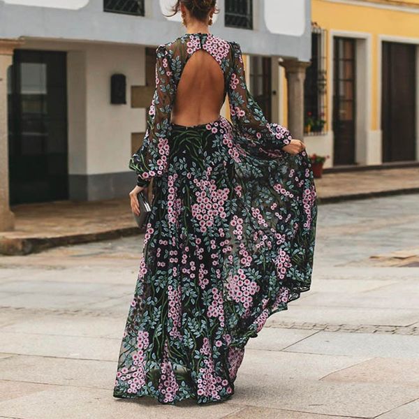 

vintage backless long maxi dress women цветочный принт открытая спина летнее пляжное платье 2020 высокая талия с длинным рукавом платья robe, Black;gray
