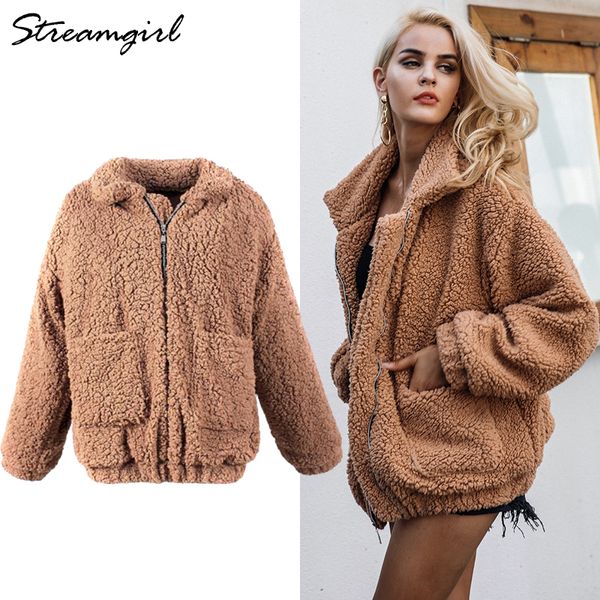 

women brown fur coat teddy fluffy jackets autumn winter warm soft zipper faux fur coat women loose outwear ladies coats, Black