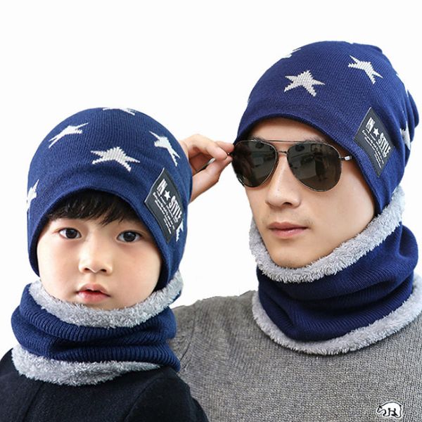 

winter men's hat scarf parents children set for dad and son warm velvet thick male hat scarf set knit skullies, Blue;gray