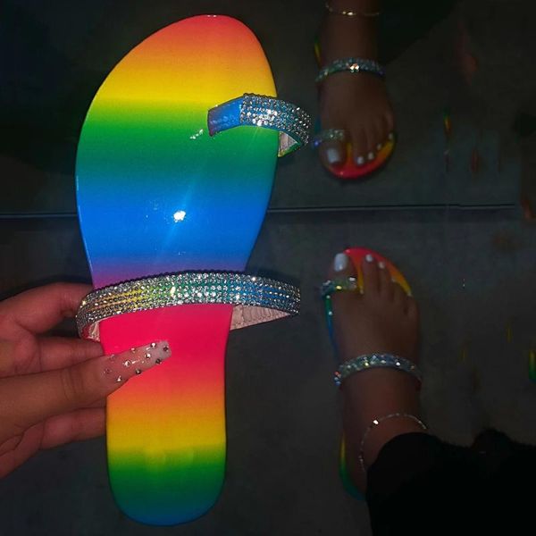 

slippers women rainbow slides crystal roman flat beach sandals casual shoes clip toe summer big size, Black