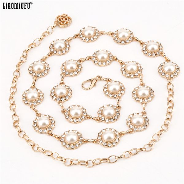 

liaomiuf fashion women metal chain belt pearl rhinestone lobster clasp thin waist belts waistband female skirt dress accessories, Black;brown