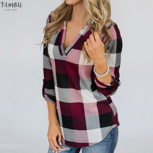 

fashion women roll up long sleeve v neck plaid blouse shirt loose casual daily female blouses blusas pullover, White