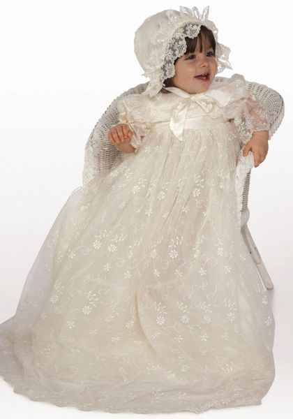 

High Quality Customized Baby Girls Christening Dress White Ivory Lace Infant Baptism Gown With Bonnet