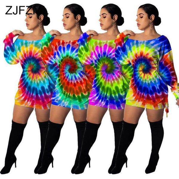 

rainbow tie dye print sheath dress women one shoulder short sleeve bodycon dress summer side lace up club party mini, Black;gray