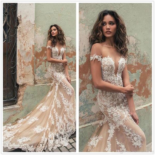 

betra sheer cap sleeves lace mermaid boho wedding dresses tulle applique court train wedding bridal gowns robes de mariee, White