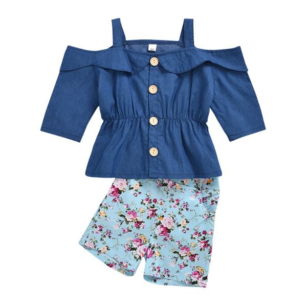 

new fashion summer kids girl casual half sleeve strapless solid color single breasted sling floral shorts outfits set7, White
