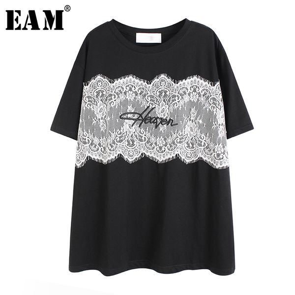 

eam] women lace embroidery letter printed big size t-shirt new round neck half sleeve fashion tide spring summer 2020 1u108, White