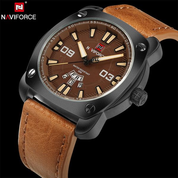 

clearance naviforce sports quartz watch men leather army wristwatch calendar clock relogio masculino, Slivery;brown