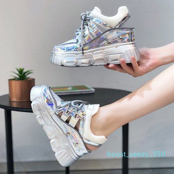 

women platform sandals chunky shoes designers brand fashion woman 8cm high heels wedges sandal beach silver lace up casual shoes b35, Black