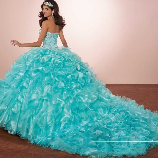 

Роскошные кристаллы Принцесса Puffy Quinceanera Платья Бирюзовые оборки Vestidos De 15 Платья для выпускного вечера Маскарад 2019 с курткой Болеро