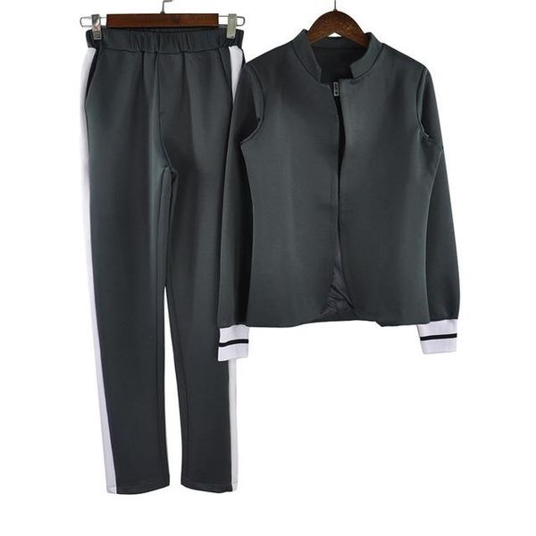 

polyester women 2 two piece set suits long sleeve stand -up collar buttonless black and white tracksuit female fashion new convention, Gray