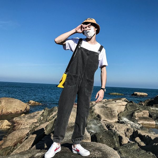 

s-xxxl 2019 street fashion men's denim suspenders jeans men's summer jeans loose casual susperdens pants plus size, Blue