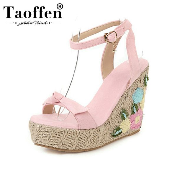 

taoffen plus size 30-48 women summer sandals shoes fashion bowknot embroidery flower shoes women platform high heels footwear, Black