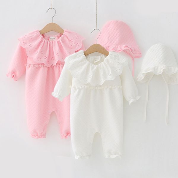 

winter newborn baby girl clothes air cotton lace turndown collar warm thicken jumpsuit clothing sets girls bodysuit+ hats t200706, Blue