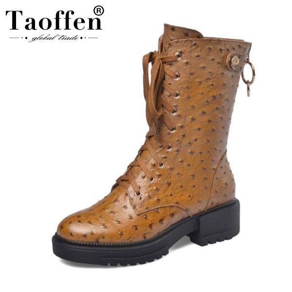 

taoffen genuine leather mid calf boots zipper retro round toe flats winter shoes women botas footwear size 34-39, Black