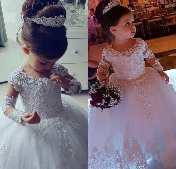 

2019 new flower girls dresses long sleeves lace appliques beaded princess jewel neck floor length birthday girls communion pageant gowns, White;blue
