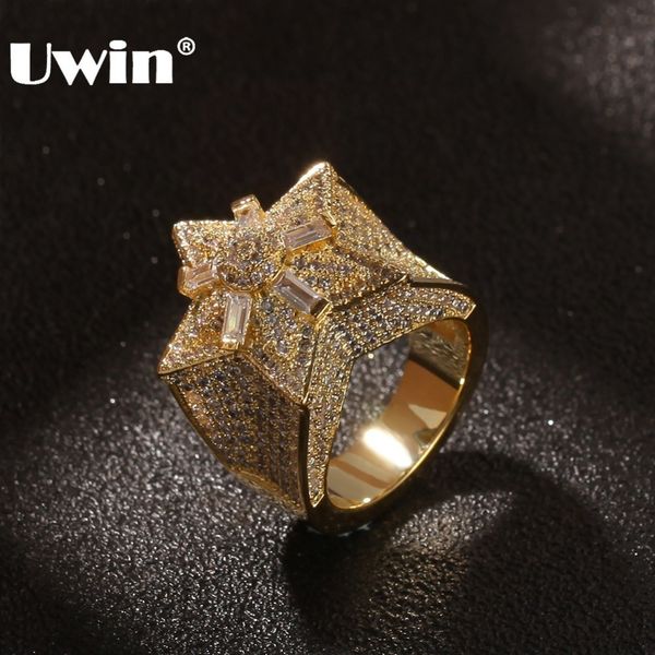 

uwin fashion micro pave iced cubic zirconia bling bling star rings for men women hiphop gold color cz wedding ring jewelry, Golden;silver