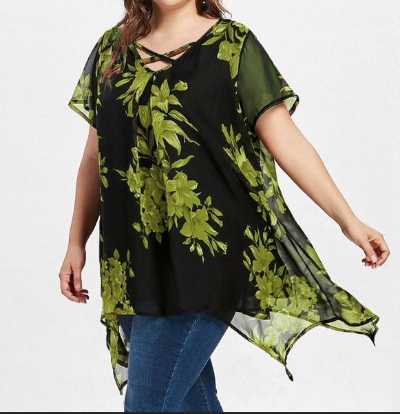 

тройники женщины плюс размер мода повседневная одежда женская двухслойный шифон tshirts 5xl летний дизайнер крест цветочные печати нерегуляр, White