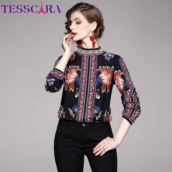 

tesscara женщины весна осень урожай печати блузка рубашка женский дизайнер шифон топ офис партии сорочка женщин топы блузки, White