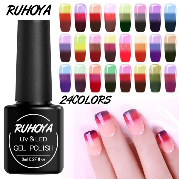 

ruhoya 8ml temperature change color uv nail lacquer soak off uv led nail gel polish long lasting thermo gel varnish, Red;pink