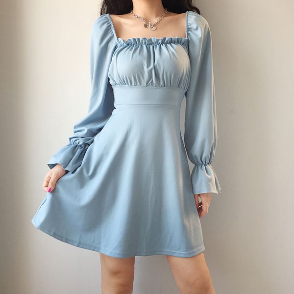 

French Retro Back Cross Strap Square Collar Dress Women Flare Long Sleeve Elastic Waist Slim Dresses Vintage Vestidos Outfits