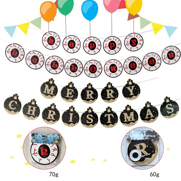 

black and gold merry christmas halloween banner bunting garland for christmas hanging decorations / bloody eyeball happy horror