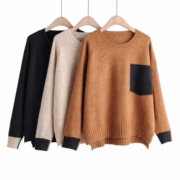 

knitting sweater women winter pullover o neck fake pocket knitted sweater pull femme pockets ladies loose knitwear, White;black
