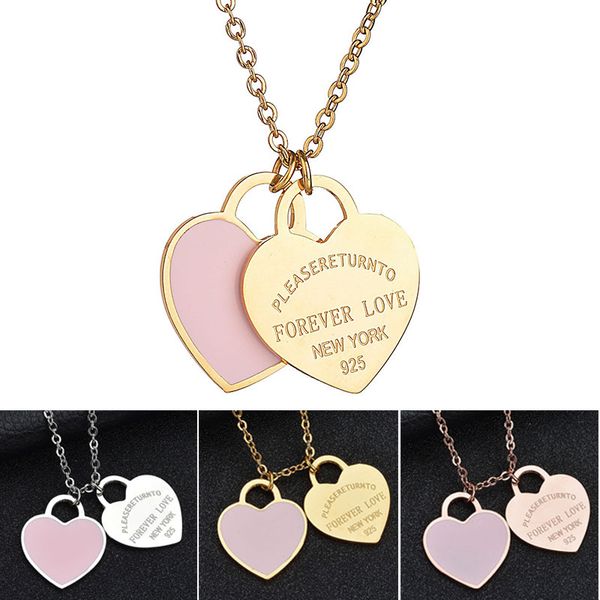 

big double heart necklace women long chain classic t design green&pink&red heart pendant love necklace gift jewelry, Silver