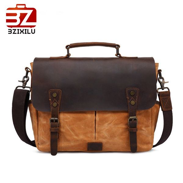 

bzixilu wax oil leather men shoulder bag soft vintage canvas bag shoulder messenger men canvas zipper&hasp