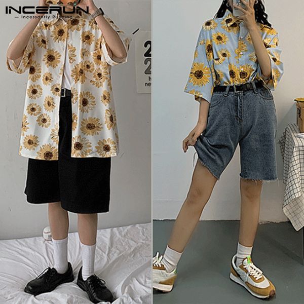 

2020 summer men sunflower pattern printed shirts casual half sleeve lapel shirt buttons breathable floral blouse hawaiian camisa, White;black