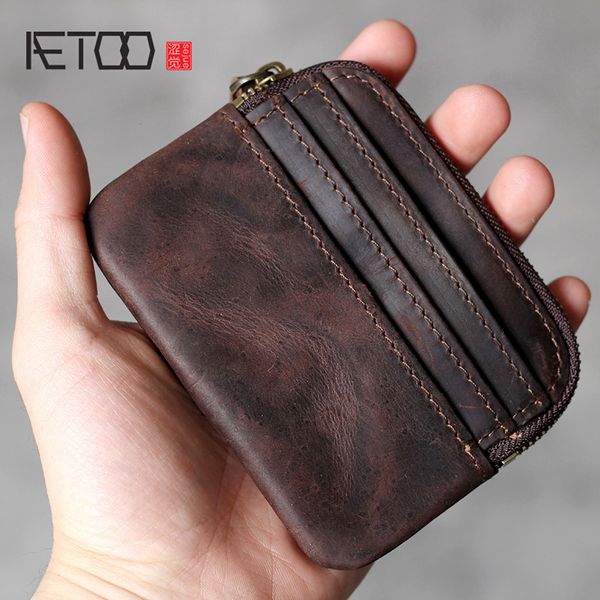 

aetoo retro head cowhide card pack change bag leather handmade, Red;black
