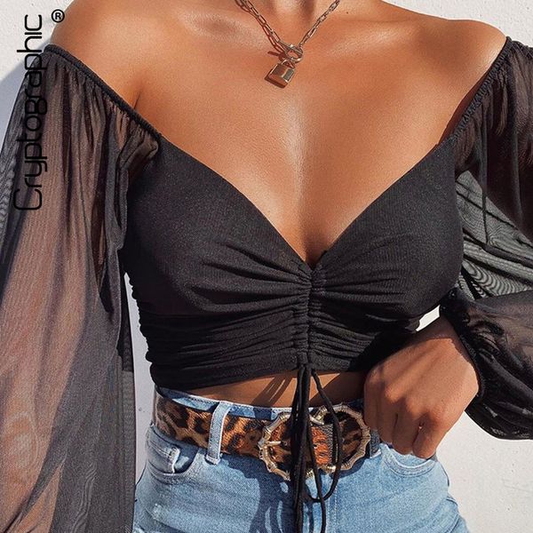 

cryptographic drawstring ruched blouse women puff sleeve off shoulder sheer female and blouses shirts short streetwear y200402, White