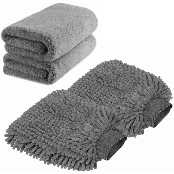 

large size car wash mi- chenille microfiber wash glove and microfiber towels - lint - scratch (2x towels
