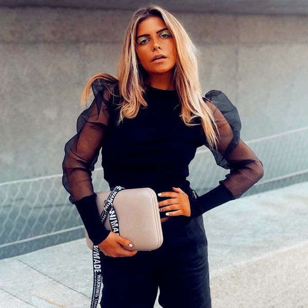 

women mesh puff long sheer sleeve sweater turtle neck pullover blouse shirts lady elegant slim bodycon lace up fashion, White